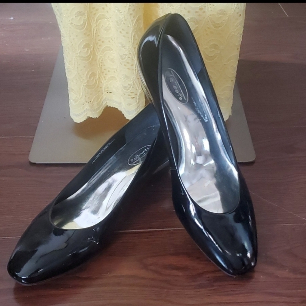 Talbots Black Silver Patent Leather Wedge Heel Shoes